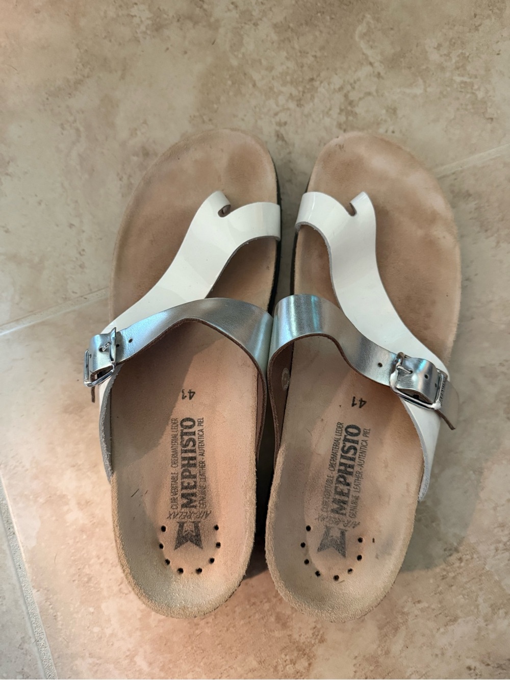 Mephisto Women’s White and Silver Leather Toe-Post Sandals